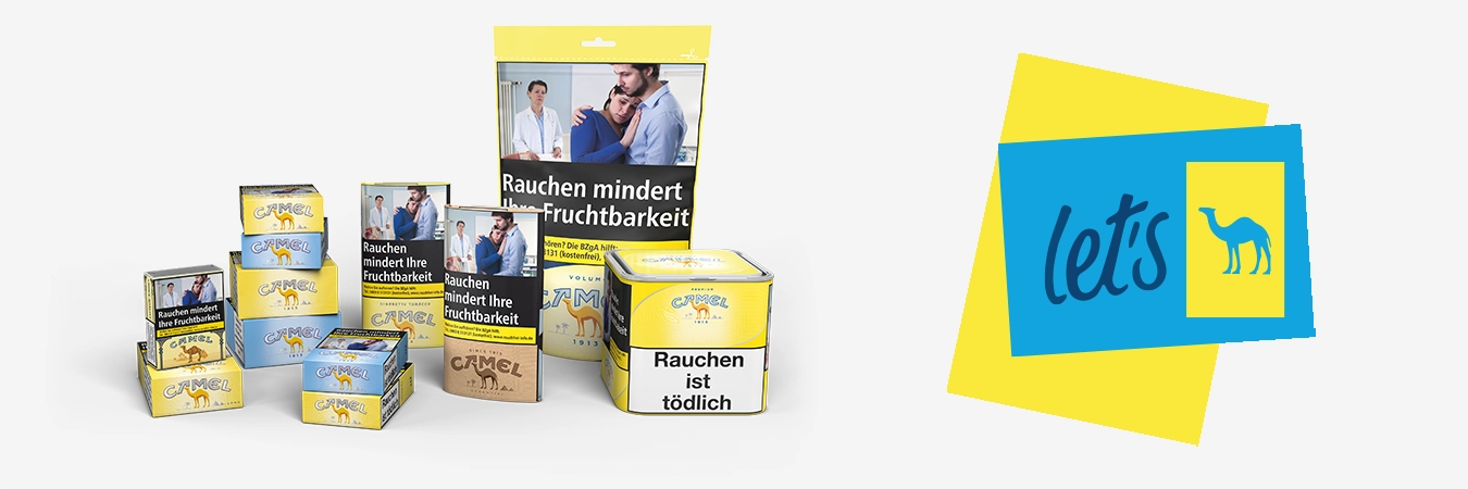 Verschiedene Camel Tabak- und Zigarettenprodukte mit Logo – Dosen, Beutel und Zigarettenpackungen