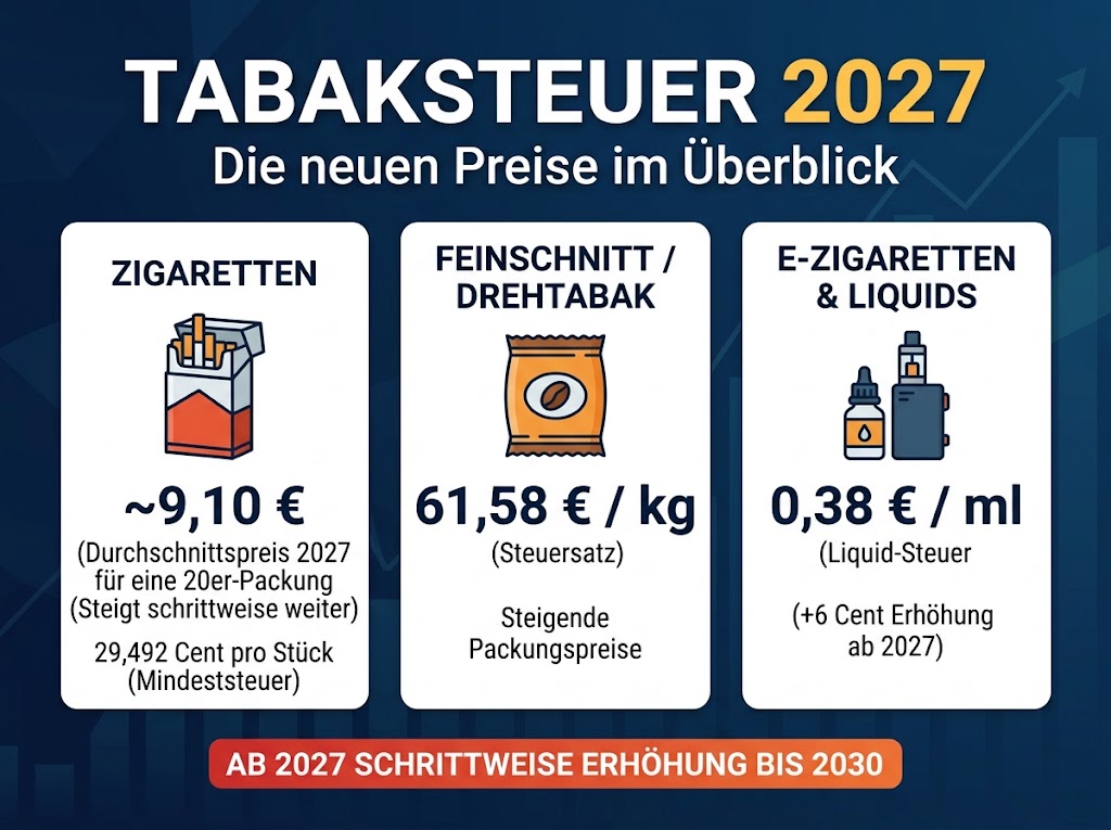 Tabaksteuer 2027 Tabelle - Neue Preise für Zigaretten, Feinschnitt und Zigarren bis 2030