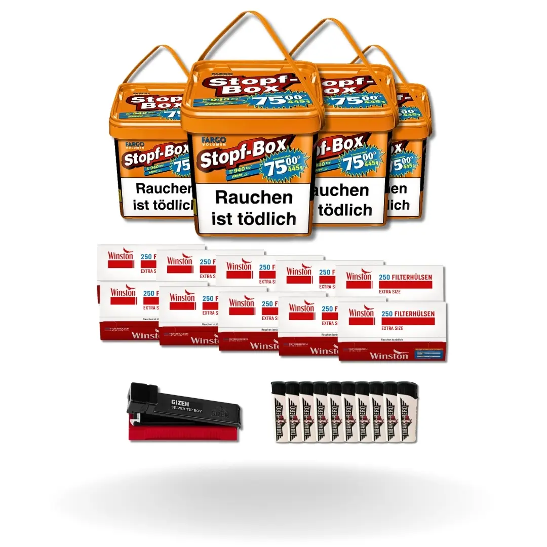 Bundle: Fargo Stopf-Box Stopftabak (4x420g) + Winston Hülsen Extra Size (10x250) + Gizeh Stopfgerät + Feuerzeuge (10 Stück) 