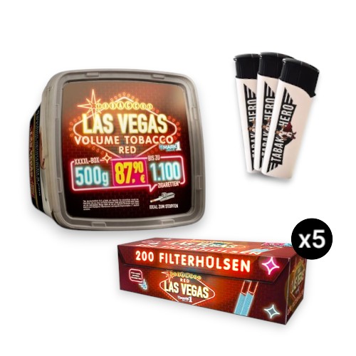 Las Vegas Red Stopftabak Eimer Bundle mit 500g Tabak für bis zu 1100 Zigaretten. Kräftiger American Blend inklusive 5x King Size Hülsen und 3x Feuerzeugen für maximale maschinelle Effizienz.